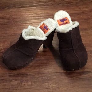 Brown suede clogs